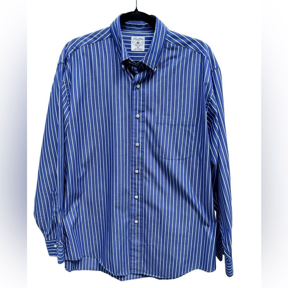 Brooks Brothers Med Blue and White Striped 100% Cotton Long Sleeve Dress Shirt